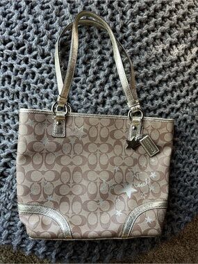 Coach Brown Signature Tote with Metallic Gold Accents